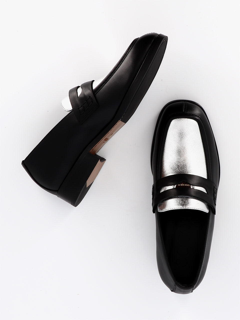 Socque Paris - Jasper Argent & Noir - Mocassins boyfriend penny loafer en cuir noir et argent
