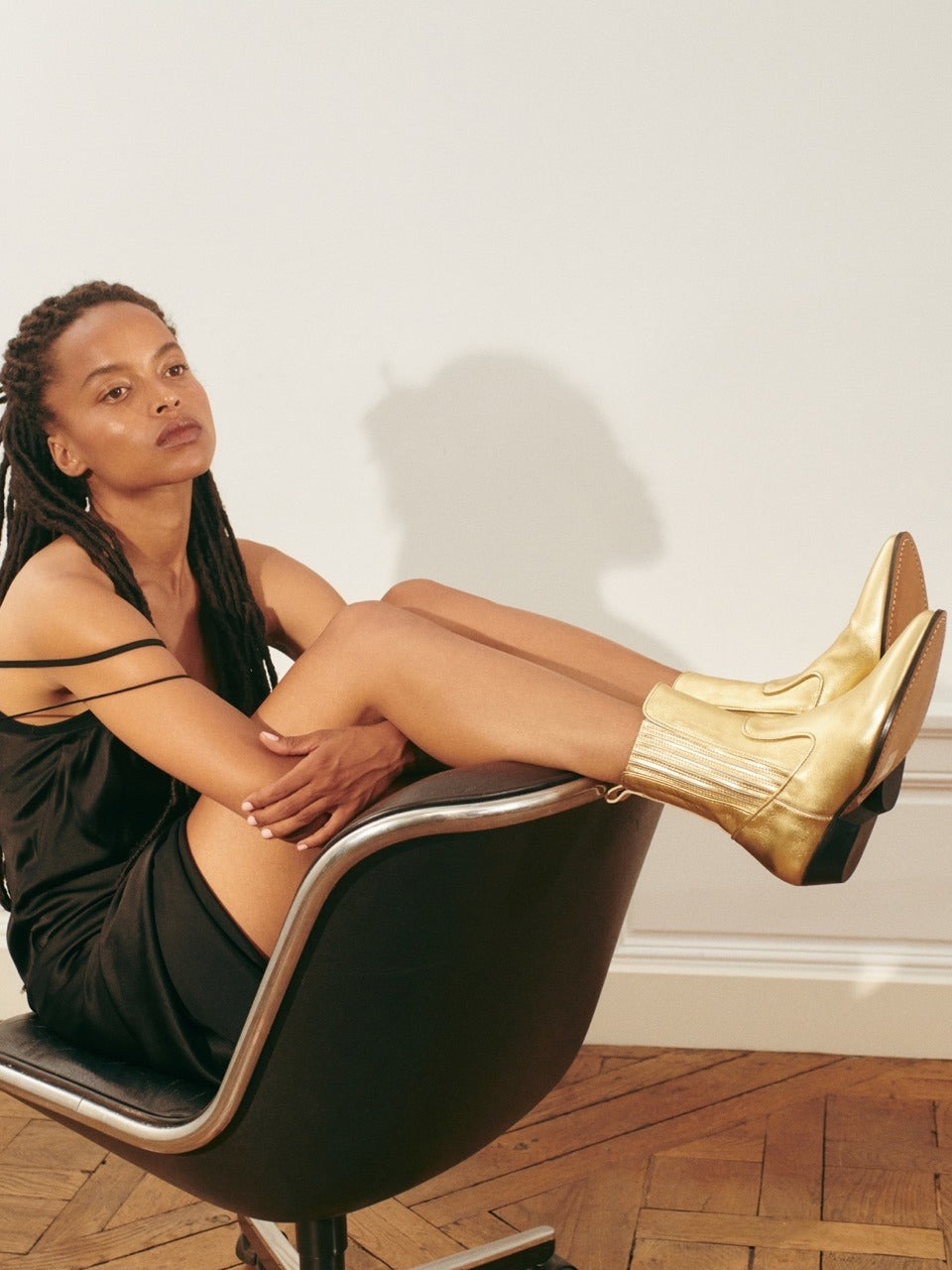 Socque Paris - Abbey Doré - Bottines plates santiag en cuir métallisé