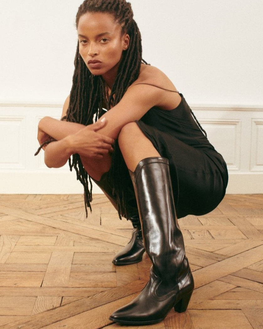 Socque Paris - Dakota Noir - Bottes hautes talon moyen santiag cuir noir