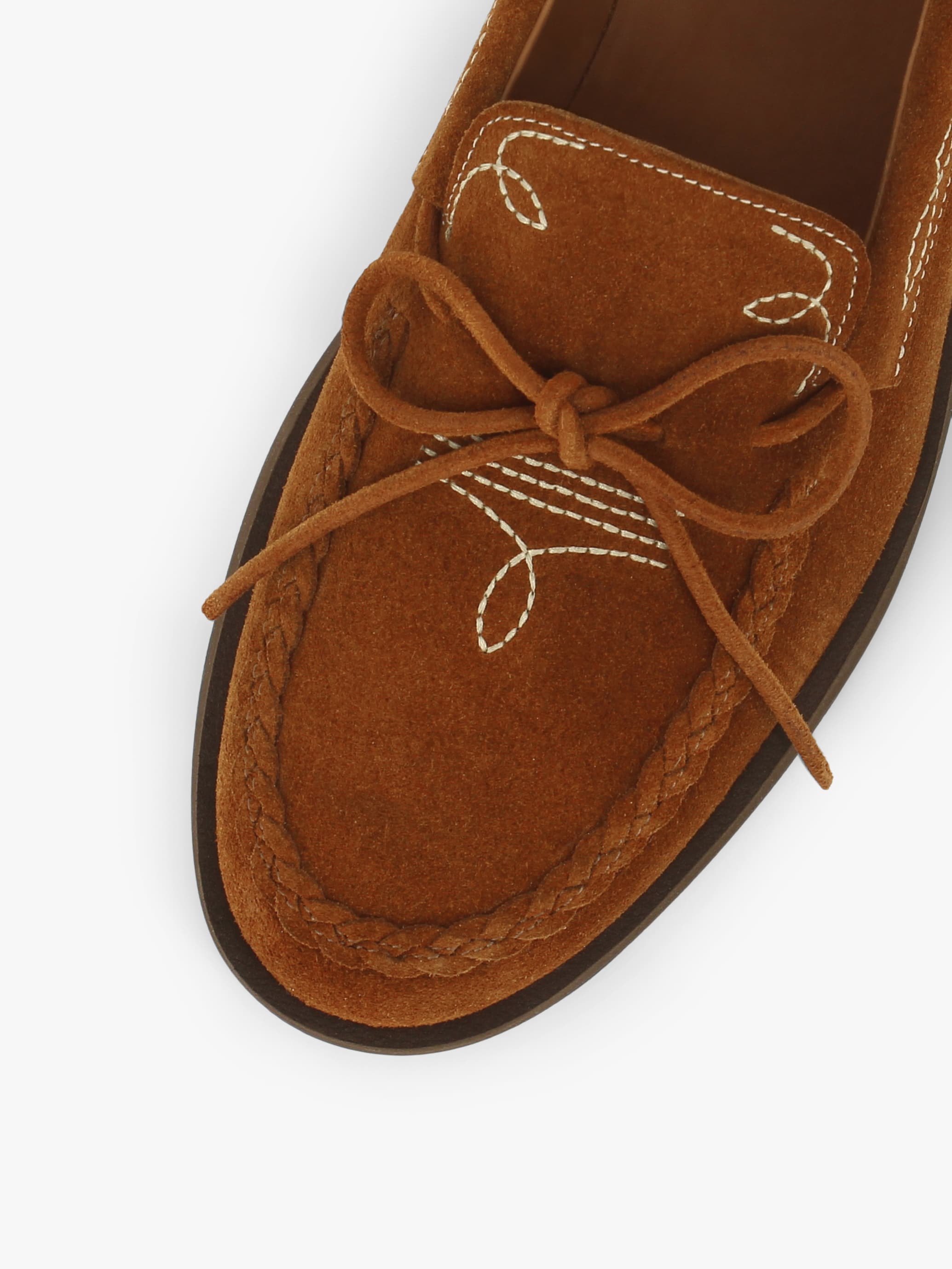 Socque-Mocassin-Indien-Totem-Daim-Camel-Vue-Details