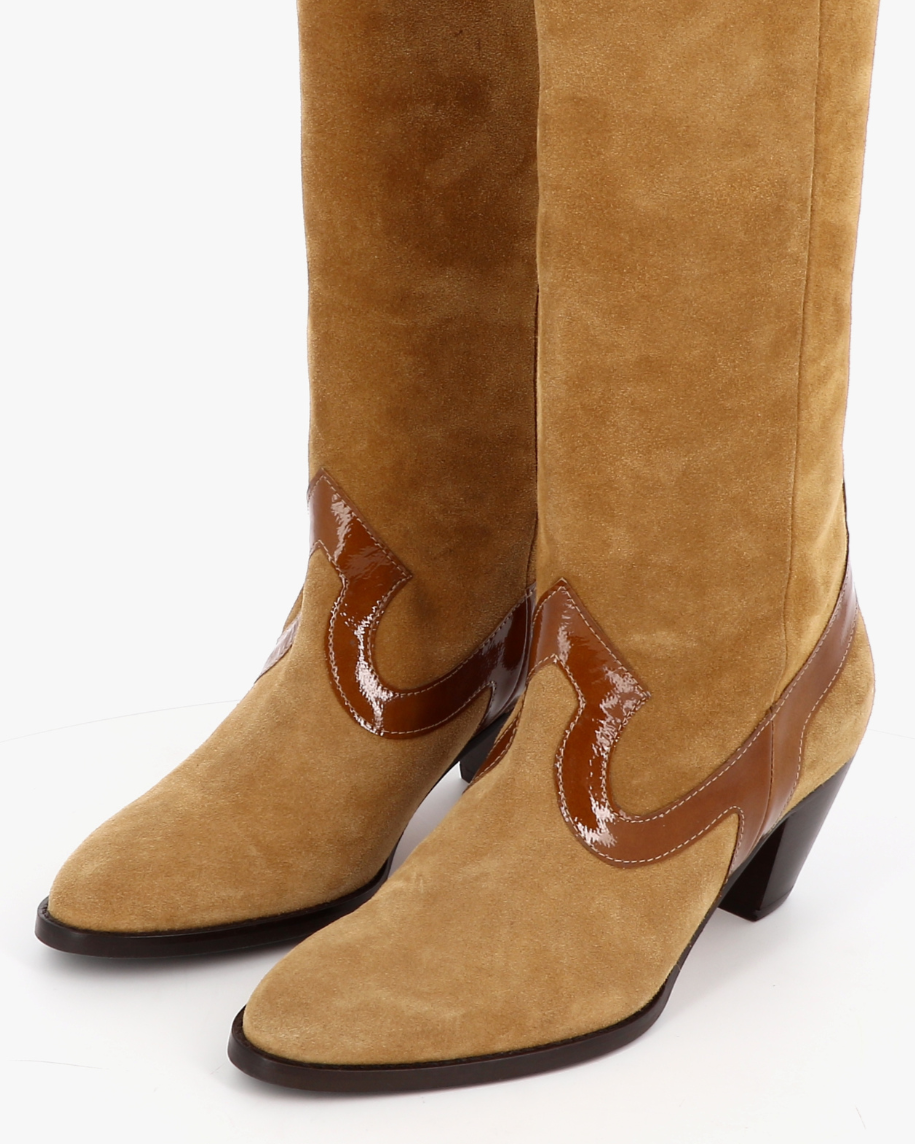 Socque Paris - Dakota Camel - Botte haute à talon santiag daim camel