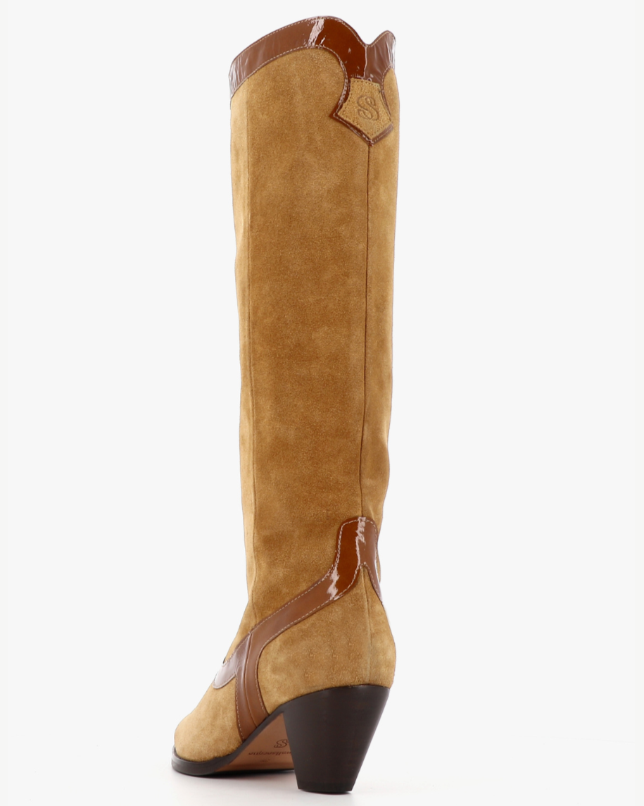 Socque Paris - Dakota Camel - Botte haute à talon santiag daim camel