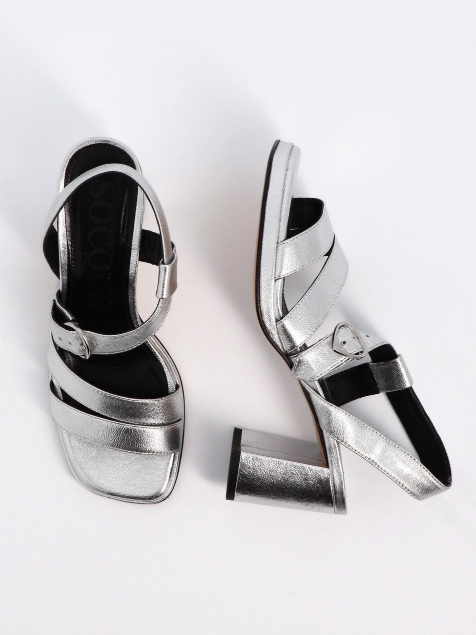 Socque Paris - Bonnie Argenté - Sandale plateforme en agneau lamé argenté