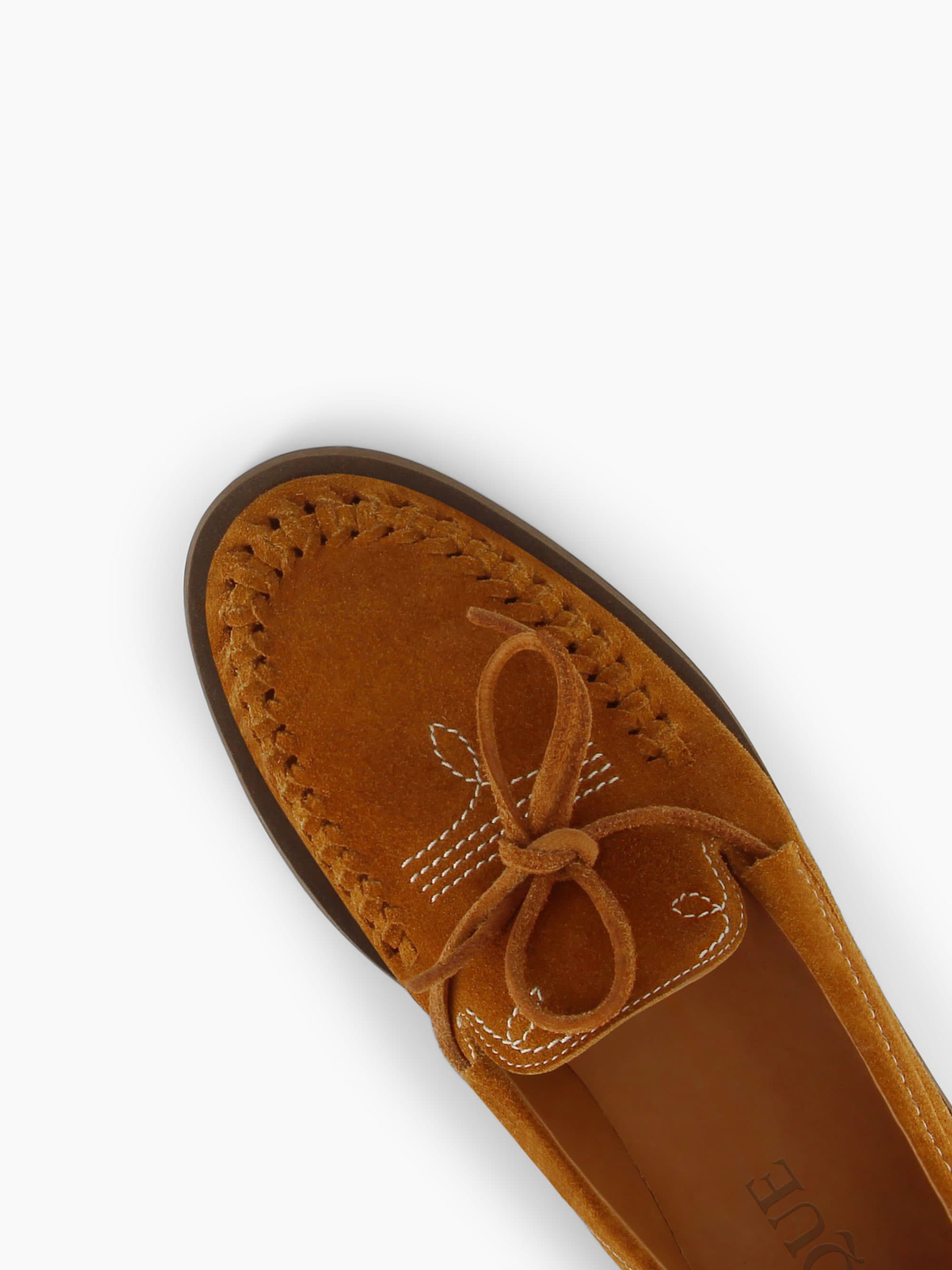 Socque-Mocassin-Indien-Totem-Daim-Camel-Vue-Detail