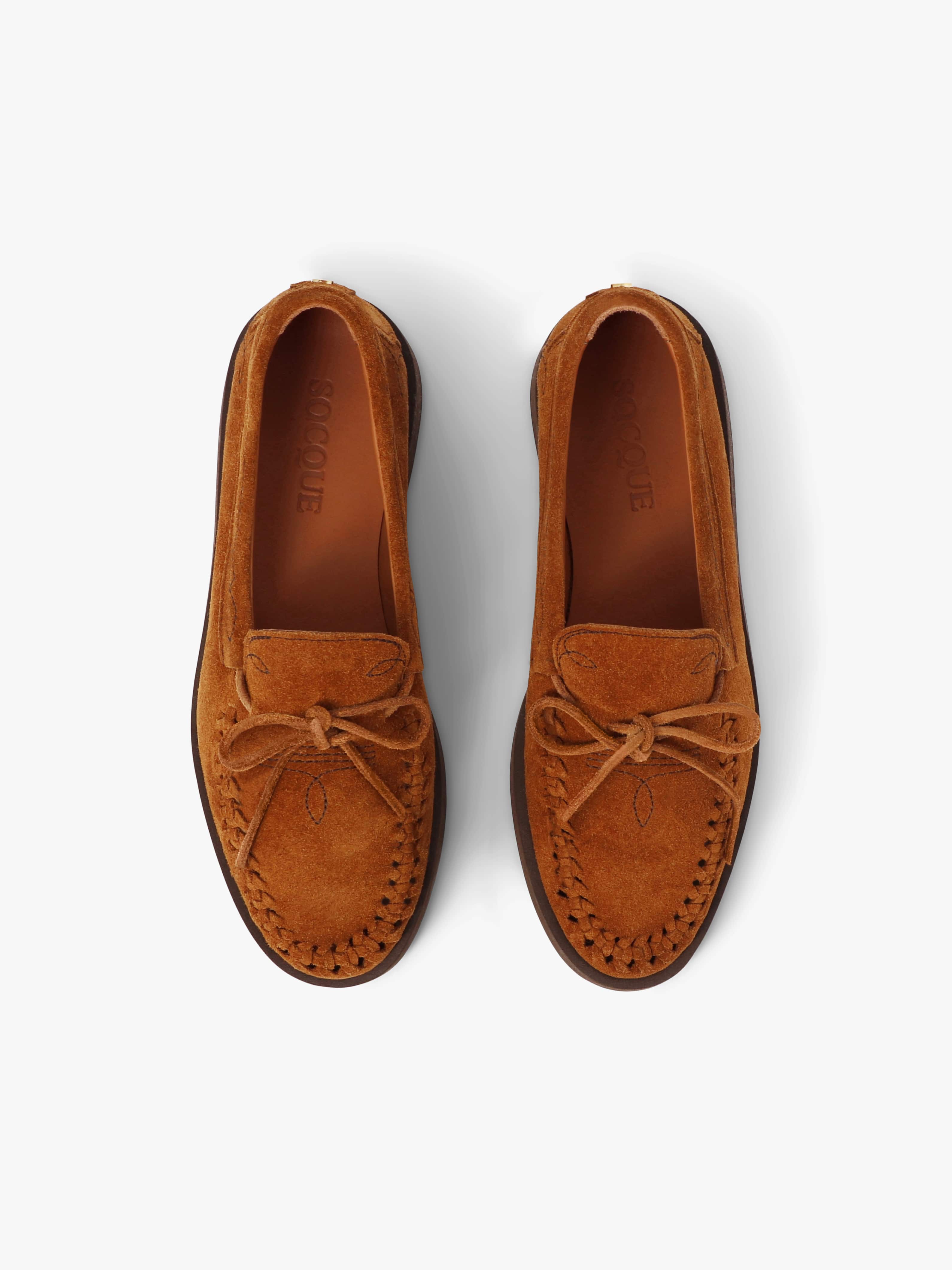 Socque-Mocassin-Indien-Totem-Daim-Camel-Vue-Top