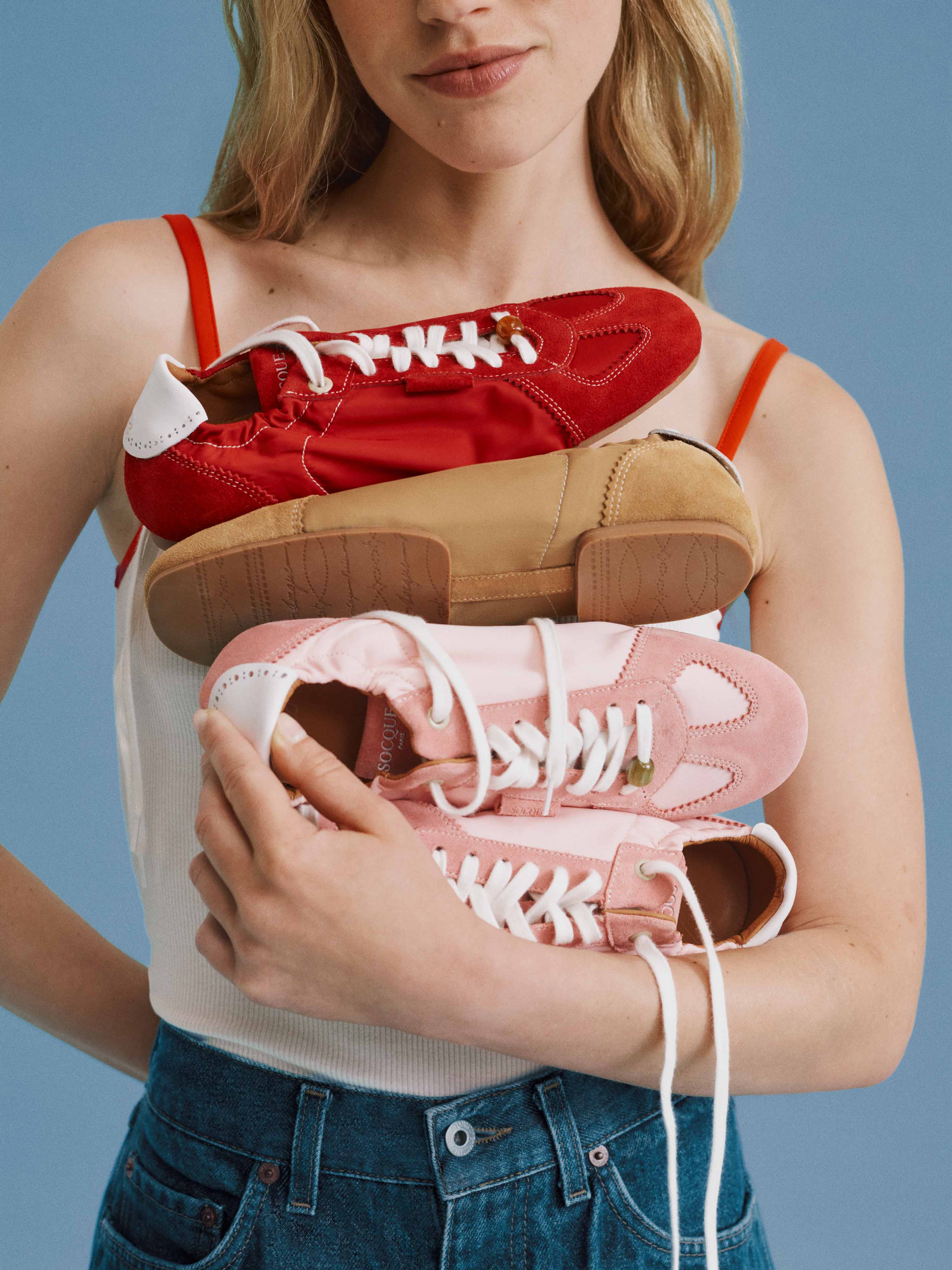 coco-zacque ココザック　cocozacque Sneaker Coco - Sneakerina in red nylon & suede leather – Socque Paris