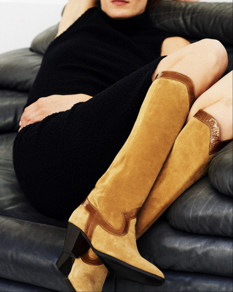 Socque Paris - Dakota Camel - Botte haute à talon santiag daim camel