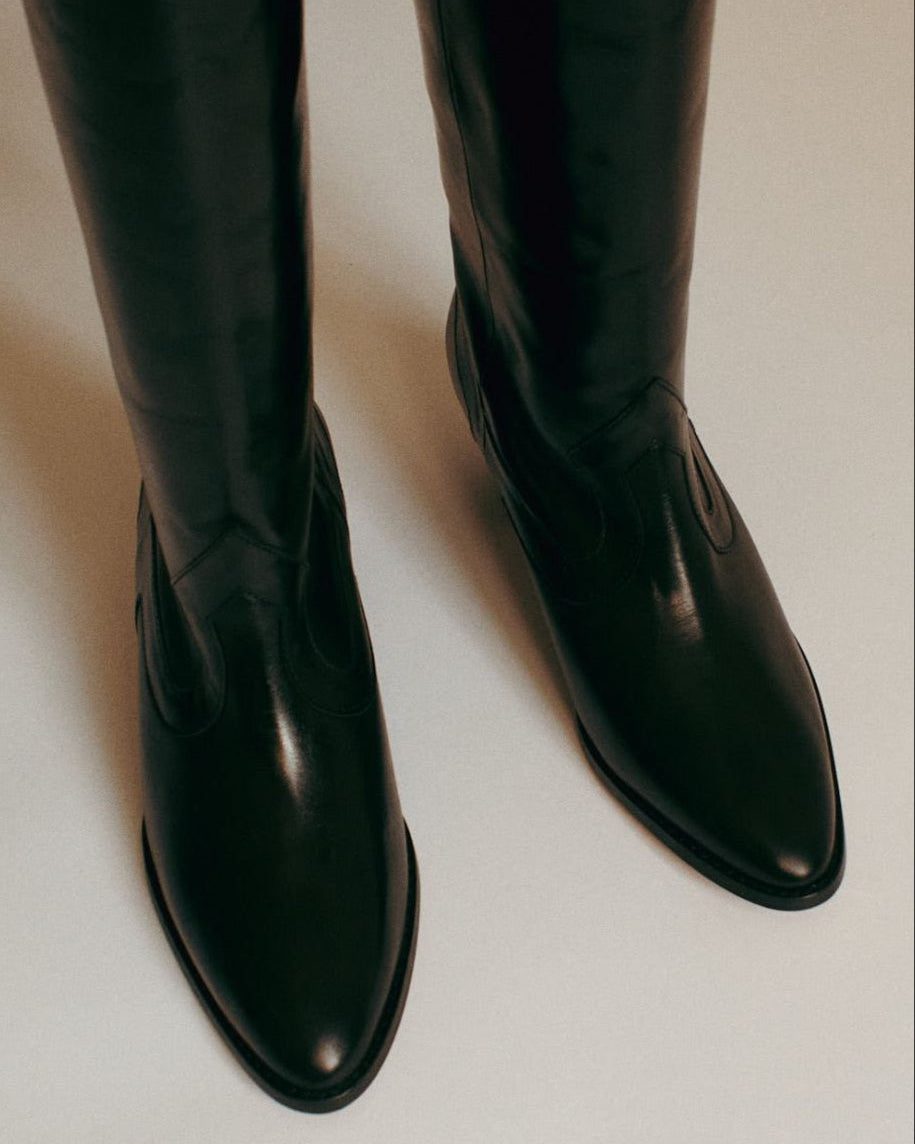 Socque Paris - Dakota Noir - Bottes hautes talon moyen santiag cuir noir