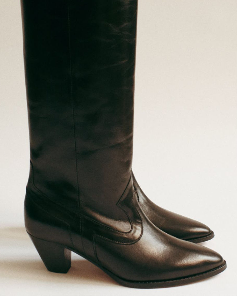 Socque Paris - Dakota Noir - Bottes hautes talon moyen santiag cuir noir